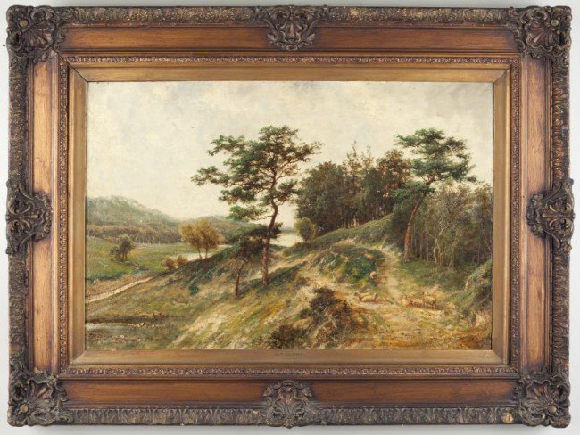 att. Octavius Clark (Br., 1850-1921), Landscape: att. Octavius Clark (Br., 1850-1921), Landscape oil on canvas, unsigned, presented in the likely original frame, the gilt liner stenciled "O. T. Clark," charming landscape with sheep in a vale, inscri
