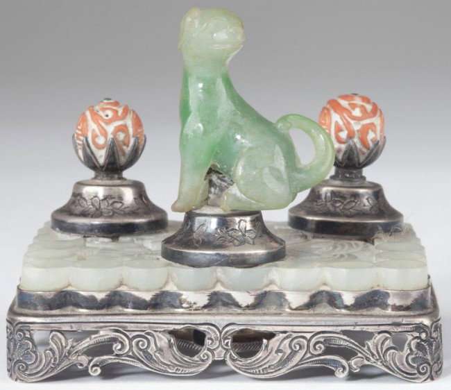 Edward Farmer Silver Objet de Virtu: Edward Farmer Silver Objet de Virtu pierced rectangular base marked STERLING / FARMER / NEW YORK, the top is fitted with a carved jade panel upon which are two silver collars supporting coral finials 