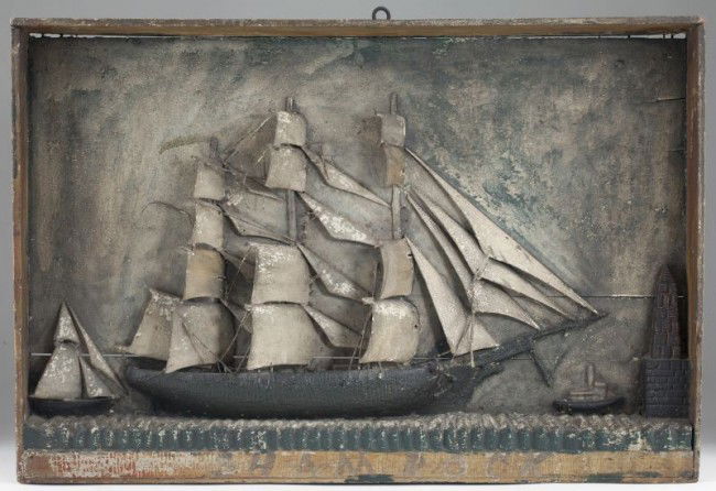 Late 19th century Ship Diorama: Late 19th century Ship Diorama polychrome wooden construction, in shadowbox, depicts the three masted frigate "Shamrock" under full sail in a harbor setting. Auxiliary subjects include a lighthouse, t