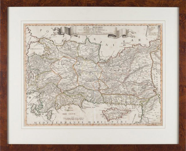 17th century Jacob Cantelli Map of Asia Minor: 17th century Jacob Cantelli Map of Asia Minor hand colored copperplate engraving, ASIAE MINORIS, published in Rome, 1686. Shown in Latin are Turkey's cities and political divisions as they existed dur