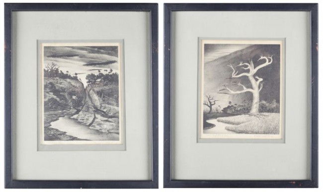 Buell Whitehead (FL, 1919-1993), (2) Lithographs: Buell Whitehead (FL, 1919-1993), (2) Lithographs the first titled "Far Lightened Tree" and signed along lower margin, the second titled "Alabama Road" and signed along lower margin, the composition ba