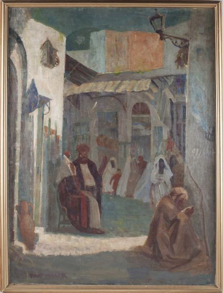Philip Miller (WI, 1896-1977), Moorish Scene: Philip Miller (WI, 1896-1977), Moorish Scene oil on canvas, signed at lower left "Philip Miller," presented in a gilt wood frame. SS 50.75 x 37.5 in.; DOA 53.75 x 40.75 in.
