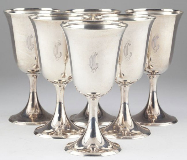 Set of Six Sterling Silver Goblets by Stieff: Set of Six Sterling Silver Goblets by Stieff pattern number 0800, each of classic bell form and monogrammed "C." 6.5 in. 28.5 total troy oz.