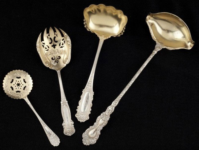 Four American Sterling Silver Serving Articles: Four American Sterling Silver Serving Articles each with gilt wash to bowl, including: Gorham "Imperial Chrysanthemum" punch ladle with double pouring spout, "J" monogram (12.5 in., 4.7 troy oz.); Mec
