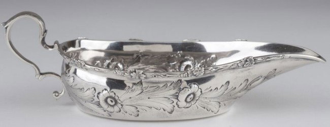 Philadelphia Coin Silver Pap Boat: Philadelphia Coin Silver Pap Boat classic form with floral repousse design to body, bright cut engraved "HD" monogram under spout, retailed by Bailey & Co on Chestnut St. in Philadelphia, PA, pseudo h