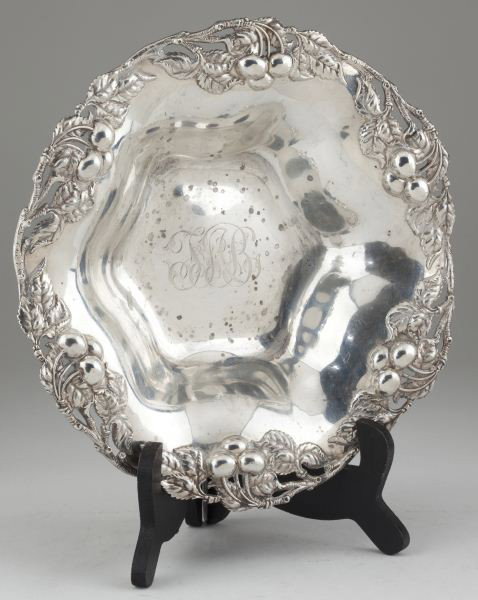 American Sterling Silver "Bowl of Cherries": American Sterling Silver "Bowl of Cherries" by Ferdinand Fuchs & Bros. of New York, NY (active 1884-1891), a lobed bowl with pierced and chased decorative rim of cherries on branches, marked "2333," m