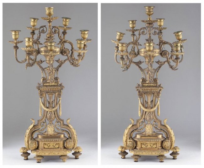 Pair of Louis XVI Style Bronze Doré Candelabra: Pair of Louis XVI Style Bronze Doré Candelabra mid 19th century, ornate acanthus scroll motif throughout elaborately open-work body, the engine turned decoration highlights flat areas, on six-footed 