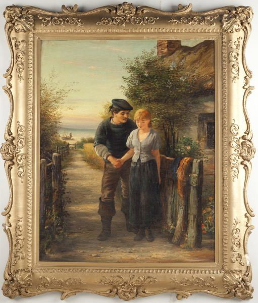 James Drummond (Br., 1816-1877), Young Love: James Drummond (Br., 1816-1877), Young Love oil on canvas, signed on fence "Drummond 18(illegible)," a young Scottish sailor in woolen jumper and navy tam bids fair well to his young love on a sunny s