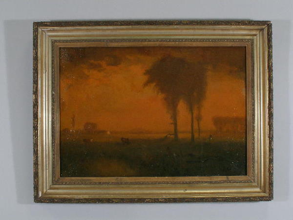 George Inness Jr. (NY, 1854-1920), Pastoral Lands: George Inness Jr. (NY, 1854-1920), Pastoral Landscape, signed LR "G. Inness," oil on canvas, brilliant orange sunset over cows grazing in a quiet pasture w/lone figure to the right, building in the di