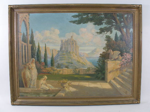 American School (early 20th c.), In the Harem,: American School (early 20th c.), In the Harem, oil on canvas laid on board, artist's monogram in LR "CF," style reminiscent of Maxfield Parrish, depicts 2 harem girls in exotic, grand courtyard w/refl