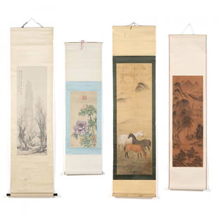 A Group of Four Chinese Hanging Scroll Paintings: A Group of Four Chinese Hanging Scroll PaintingsQing dynasty (1644-1912), includes the first a painting with mountain peaks and fruit trees above a small hut, signed Yusheng Tang Yifen, with one seal