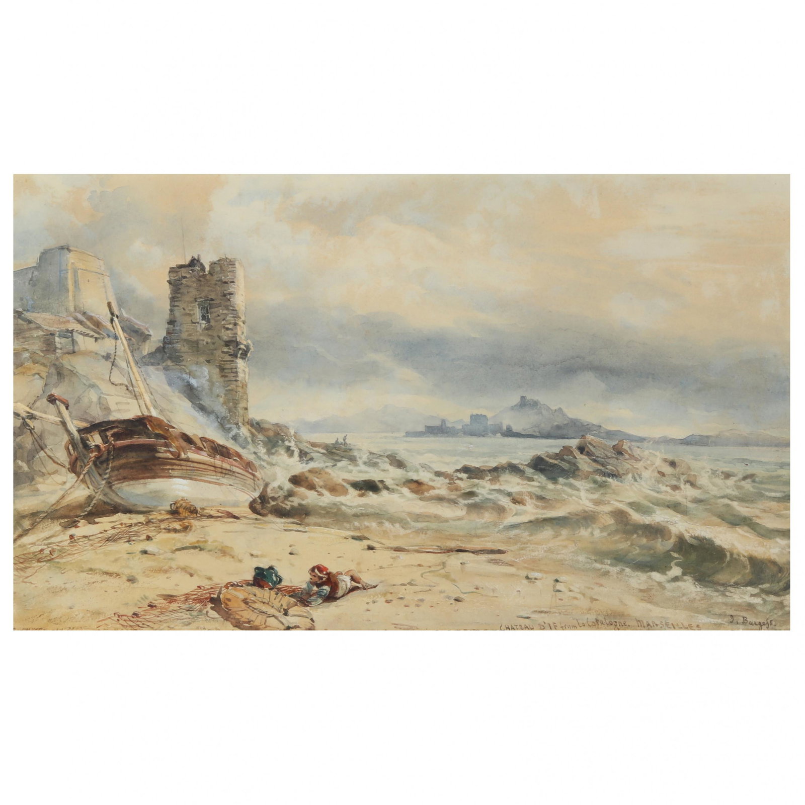 John Burgess (English, 1814-1874), Chateau d'If from La Catalogne, Marseilles: John Burgess (English, 1814-1874), Chateau d'If from La Catalogne, Marseilleswatercolor and whitening on paper, signed and inscribed at lower right, matted and framed under glass. Frame dimensions 18