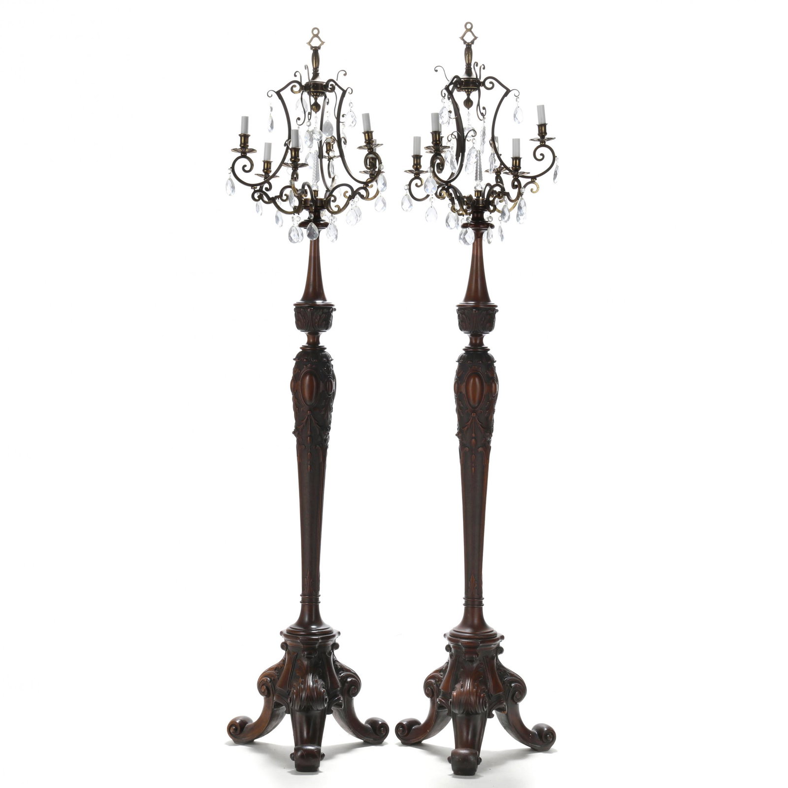 Pair of Belle Epoque Carved Mahogany Torchiere Floor Lamps (1 of 9)