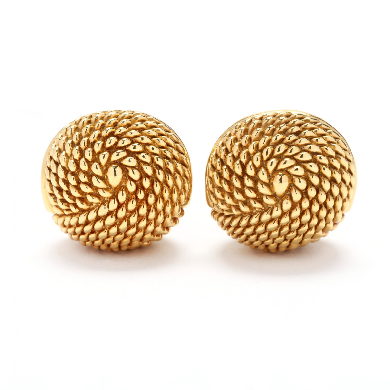 Pair of Gold Earrings, Chimento: Pair of Gold Earrings, Chimentodesigned in a rounded dome knot form with rope detailing, completed with posts and push backs, stamped 750 and with Italian registry mark 408 VI, stamped Mod. Dep. 7/8 x