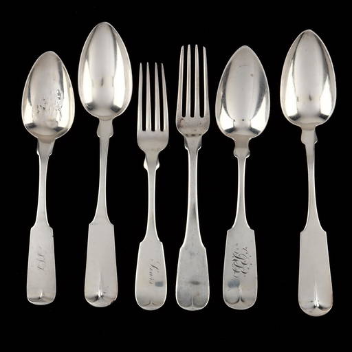 Six American Coin Silver Flatware Pieces, Including Mitchell & Tyler
