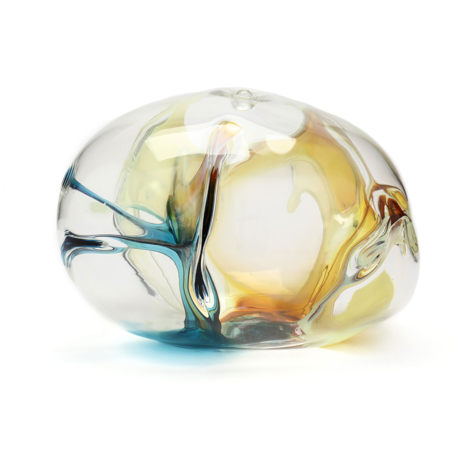 Peter Bramhall (American, b. 1942), Wow! Magician 10 Art Glass Sculpture: Peter Bramhall (American, b. 1942), Wow! Magician 10 Art Glass Sculpture2004, free-form blown encased glass with blue, yellow and amber colorations, cut pontil, signed. 8 x 11 x 9 in. Additional high