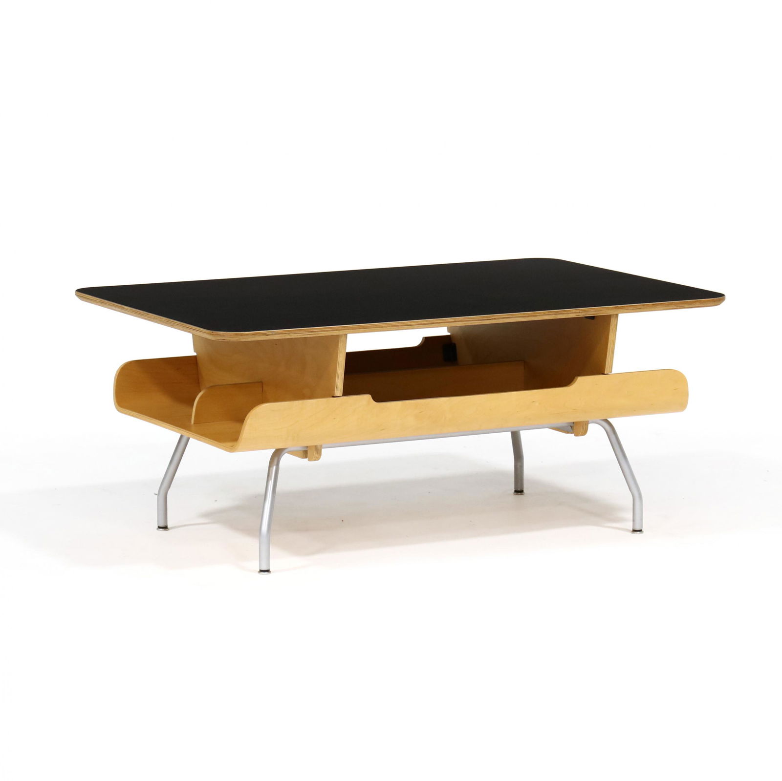 Herman Miller, Kotatsu Table: Herman Miller, Kotatsu Tablecontemporary, black laminate rectangular top, maple bentwood veneered lower divided compartments, steel legs, labeled. 20.5 x 47 x 31.5 in. Designed by Ayako Takase and Cut