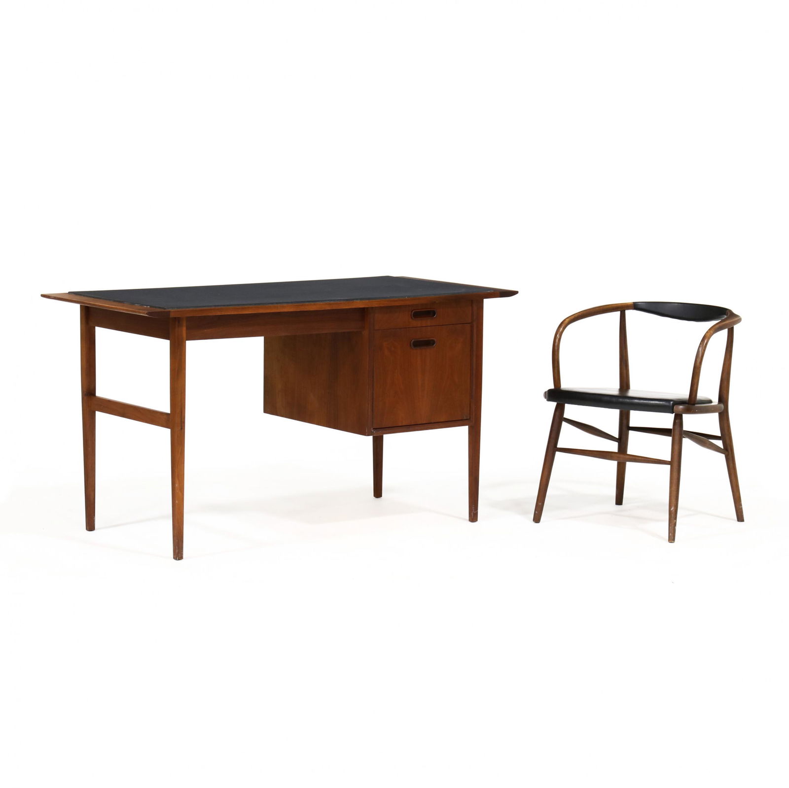 attributed to Jack Cartwright, Mid-Century Desk and Chair: attributed to Jack Cartwright, Mid-Century Desk and Chair1960s, walnut veneer, rectangular top with inset slate type composition top, two flush drawers with recessed pulls, straight tapered legs, fini