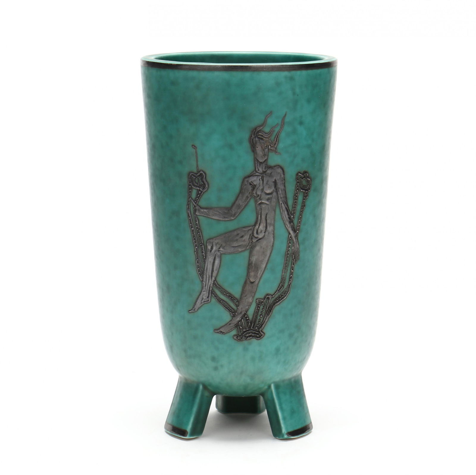 Wilhelm Kage (Swedish), Gustavsberg Argenta Tri-foot Vase: Wilhelm Kage (Swedish), Gustavsberg Argenta Tri-foot Vasemade in Sweden, A47, slightly tapered form raised on three angled block feet, decorated with a nude female in silver overlay, signed on the und
