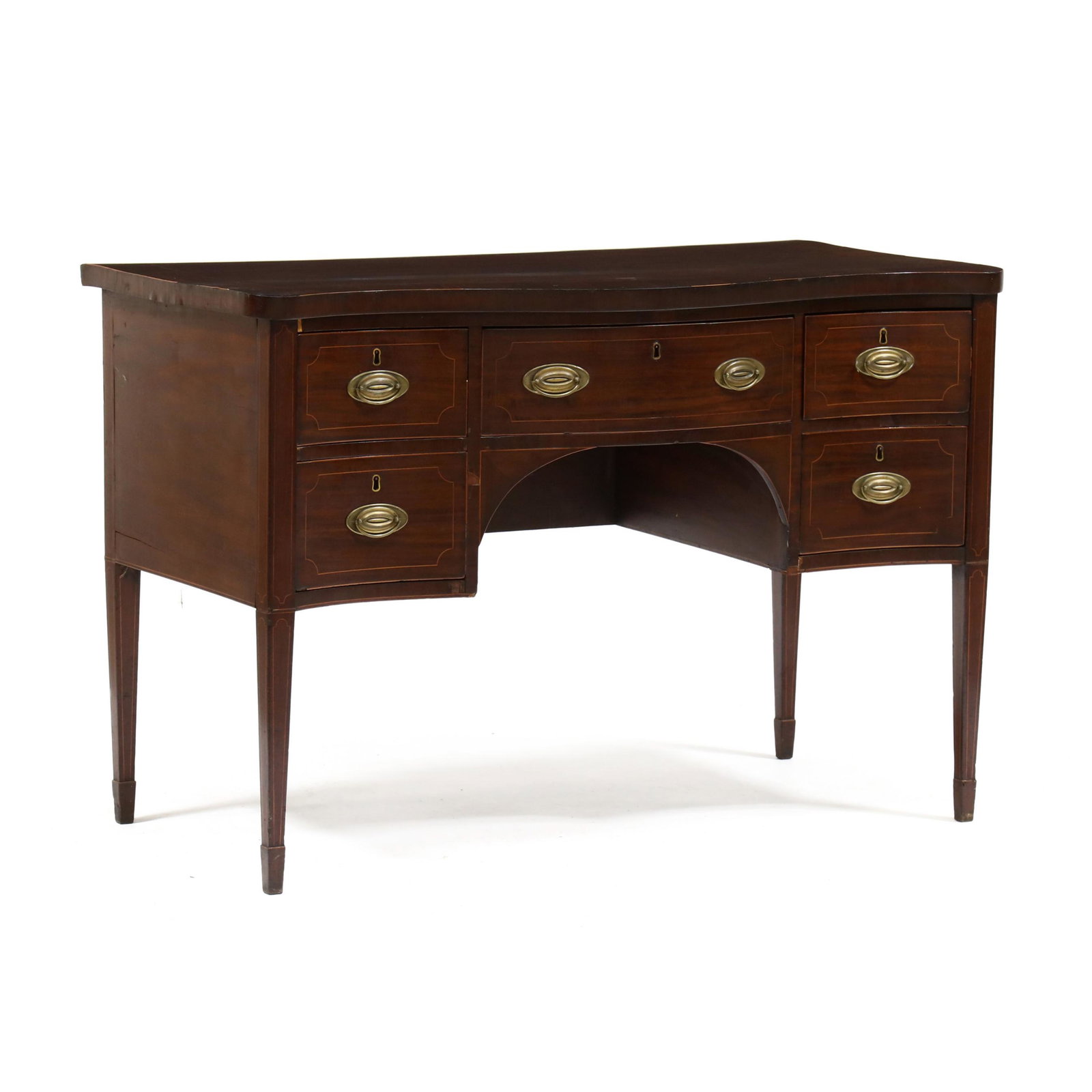 English Hepplewhite Inlaid Mahogany Writing Desk: English Hepplewhite Inlaid Mahogany Writing Desk circa 1800, mahogany veneer, deal and pine secondary, serpentine front with banded and light line inlaid edge, central convex drawer with interior lift