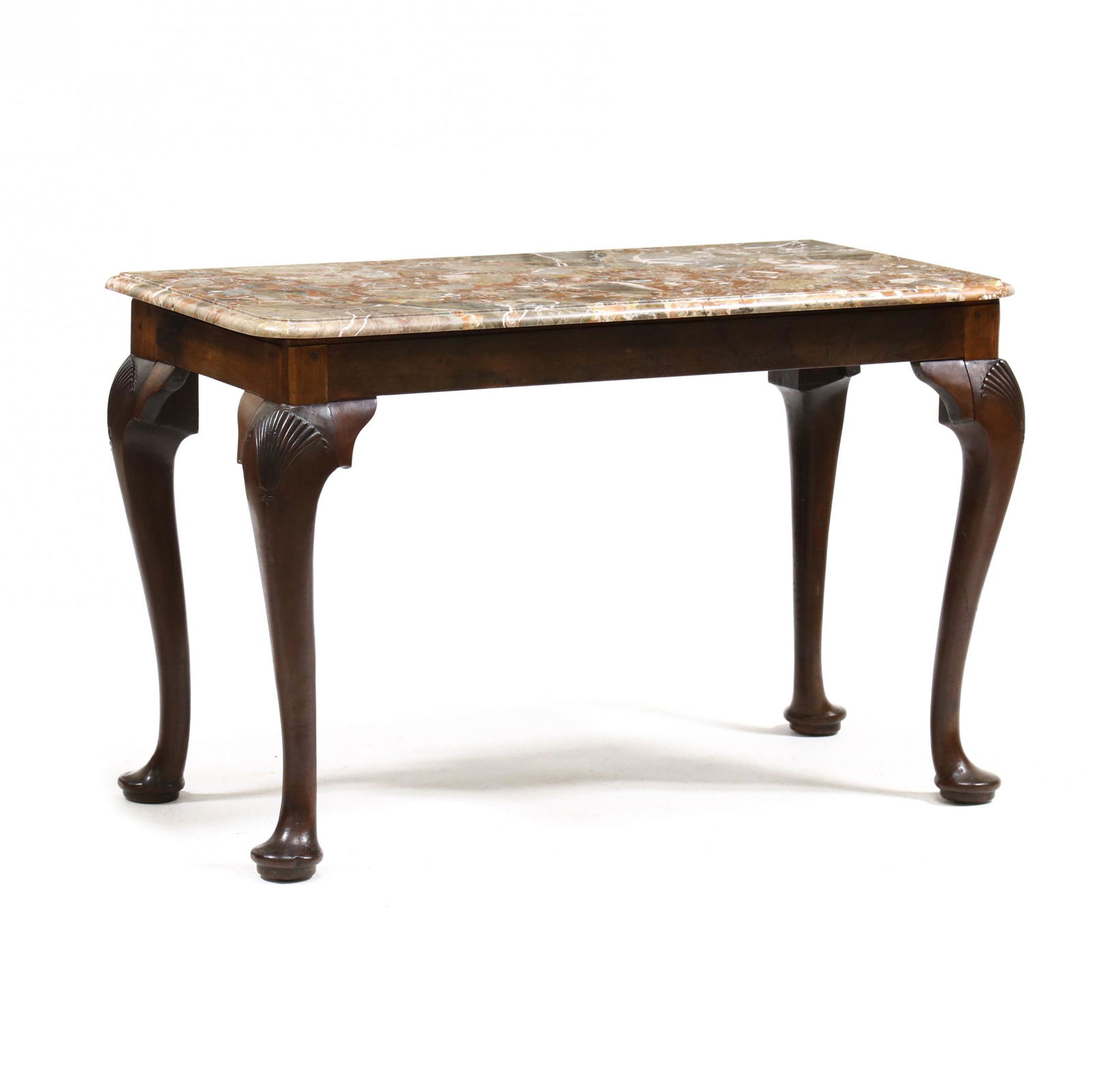George II Marble Top Mahogany Slab Table: George II Marble Top Mahogany Slab Tableantique marble top with grey and salmon mottling with rounded front corners and molded edge set on an earlier carved mahogany stand with bold cabriole legs, she