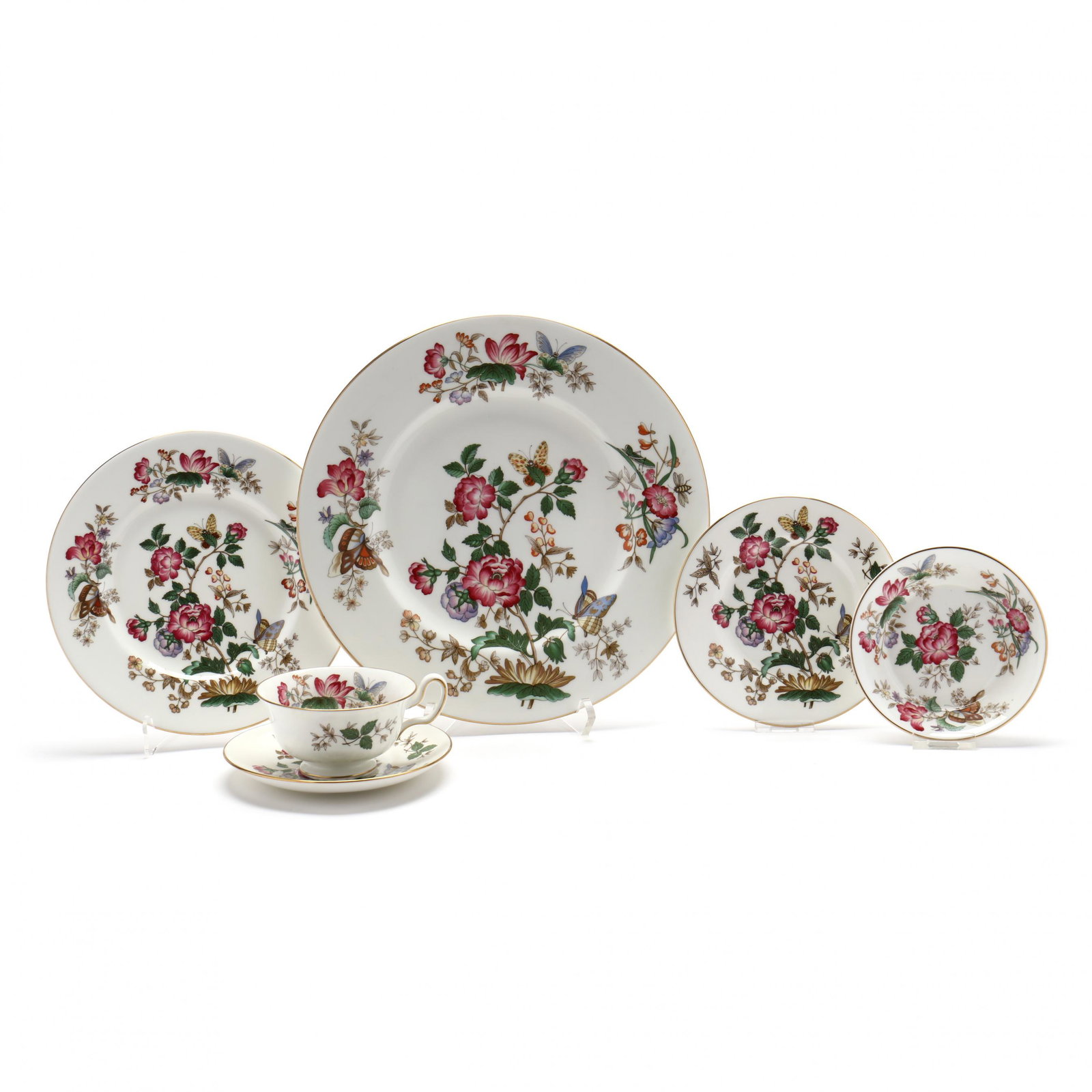 Wedgwood Charnwood China Dinnerware Service: Wedgwood Charnwood China Dinnerware Service 20th century, England, bone china with polychrome glazed insect and floral spray, (68) pieces, including: (18) dinner plates (10 3/4 in.); (16) salad plates