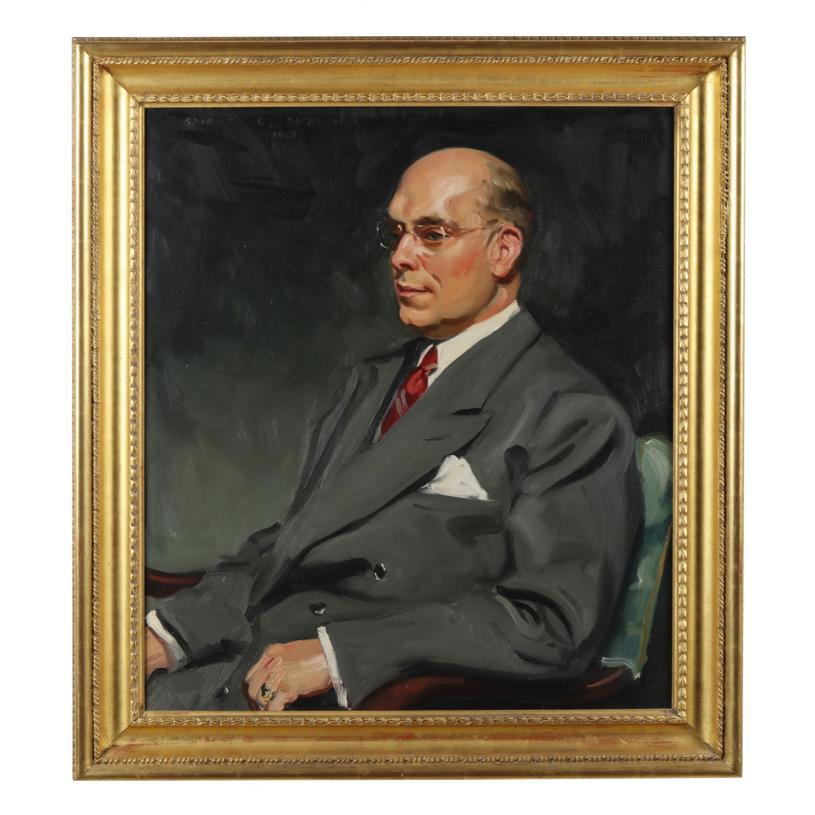 Sidney Edward Dickinson (Connecticut, 1890-1980), Portrait of a Man: Sidney Edward Dickinson (Connecticut, 1890-1980), Portrait of a Manoil on canvas, signed in upper left "Sidney E. Dickinson / 1951," depicting a prosperous mid-century gentleman in a business suit, pr