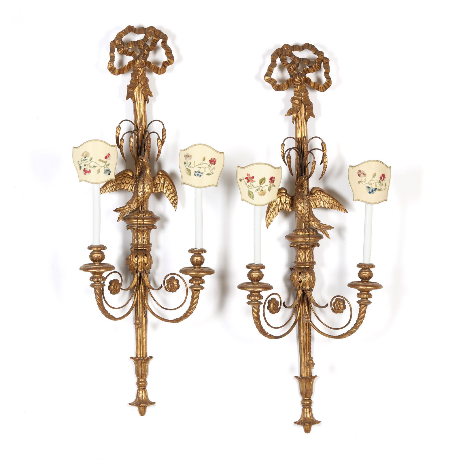 Pair of Italian Giltwood Phoenix Two Light Wall Sconces, with Custom Shades (1 of 10)