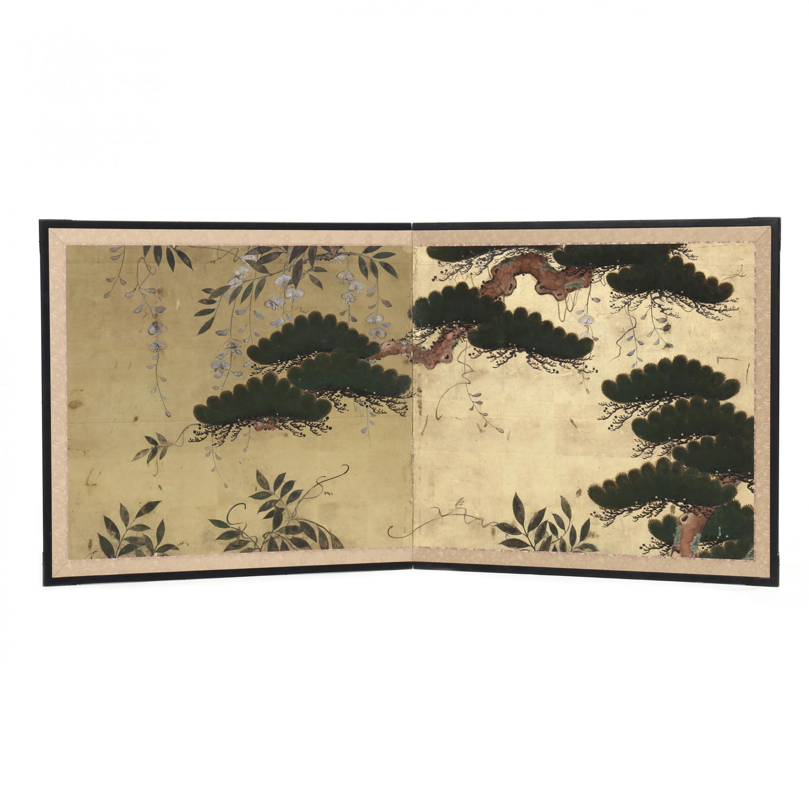 A Japanese Two Panel Screen of Pine Trees and Wisteria (1 of 5)