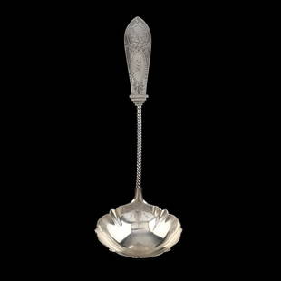 American Coin Silver Soup Ladle, mark of John Lawson Westervelt: American Coin Silver Soup Ladle, mark of John Lawson WesterveltNewburgh, New York, active 1848-1905, shaped bowl with twist stem, engraved armored portrait medallion handle with script monogram. 11 5/