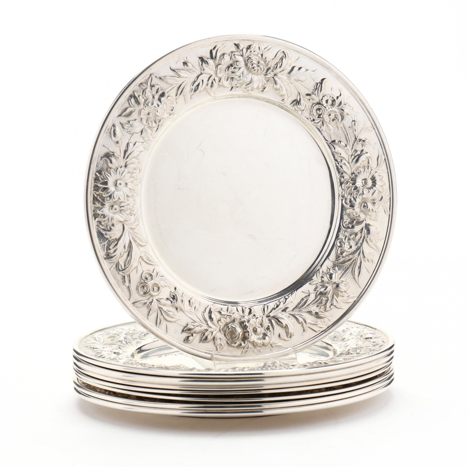Set of Eight S. Kirk & Son  Repousse  Sterling Silver Bread Plates (1 of 5)