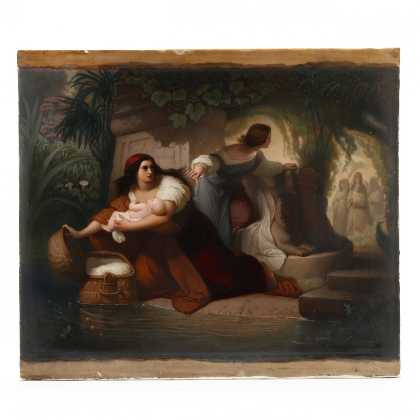 KPM Porcelain Plaque The Finding of Moses, Signed: KPM Porcelain Plaque The Finding of Moses, Signed late 19th century, hand-painted interpretation of the Pharaoh's daughter tenderly and furtively removing the baby Moses from an elaborately woven bask
