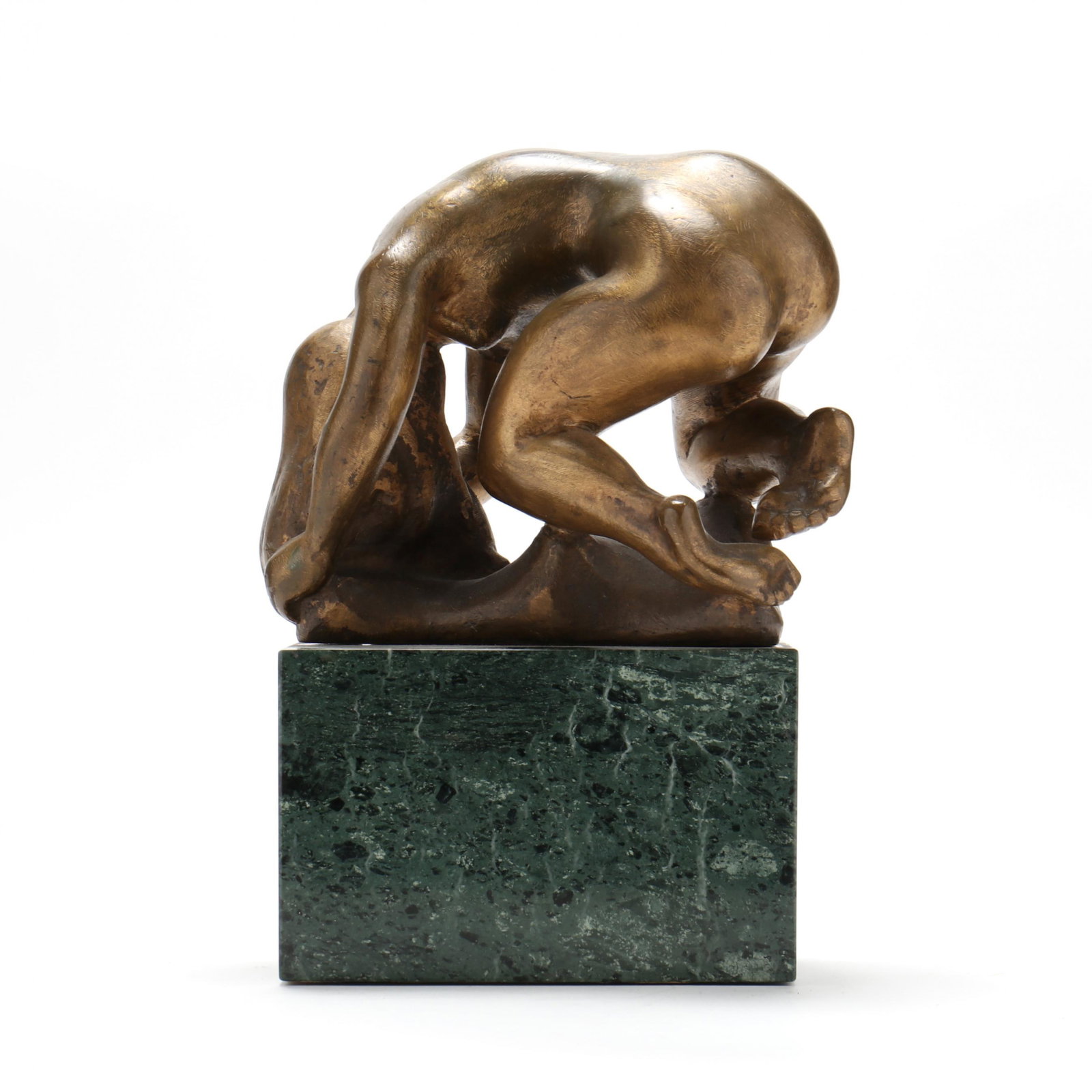 French School (20th century), Bronze Model of a Nude Bather: French School (20th century), Bronze Model of a Nude Bather 20th century, patinated cast bronze, "R P" initials inscribed to the base of casting, depicting a crouched nude female washing hair, mounted