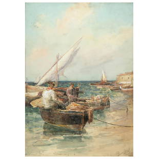 Prosper Louis Senat (American, 1852-1925), Fishermen on the Amalfi Coast: Prosper Louis Senat (American, 1852-1925), Fishermen on the Amalfi Coastgouache, watercolor and whitening on paper, signed and inscribed "Amalfi" at lower right, presented under glass in an attractive