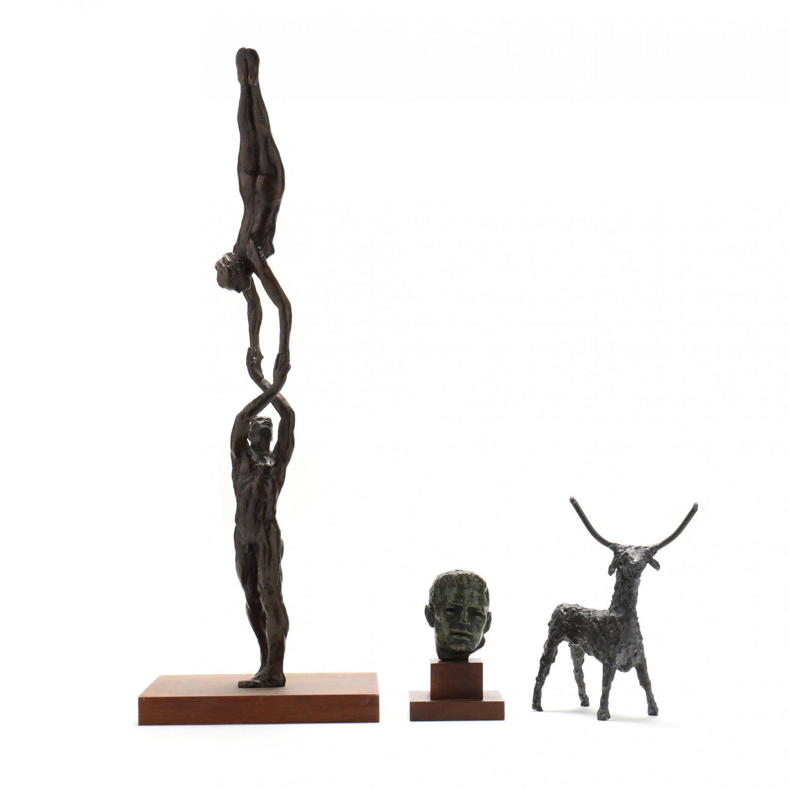 American School (20th century), Three Figural Table Sculptures: American School (20th century), Three Figural Table Sculptures second half of 20th century, including a composition of two nude dancers, mounted to a cubic wood base (27 1/2 in.); a patinated bronze p