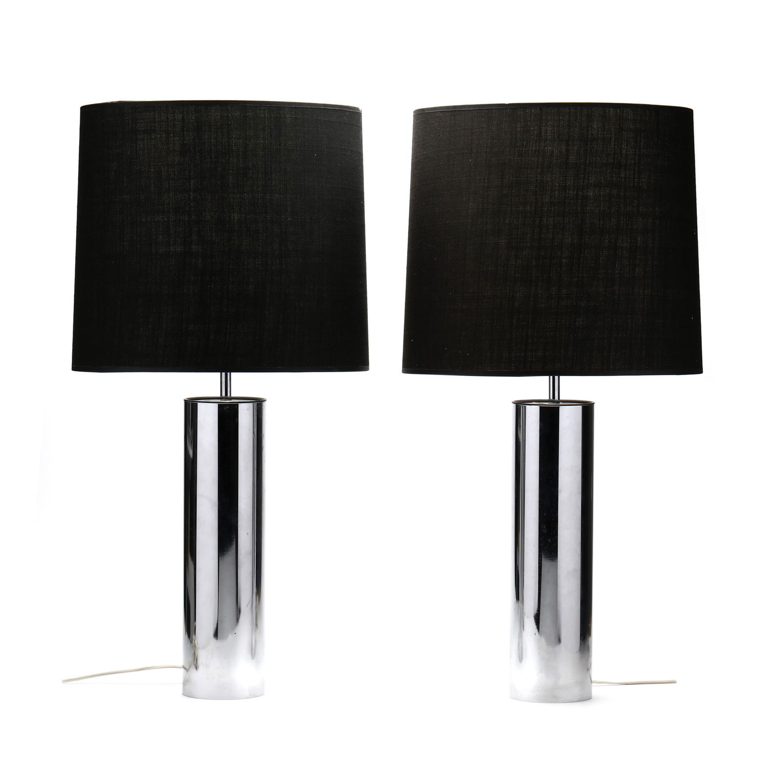 attributed to George Kovac, Pair of Vintage Chrome Table Lamps: attributed to George Kovac, Pair of Vintage Chrome Table Lamps1970s, cylinder form, original black drum shades, appears unmarked. HOA 32 in. Additional high-resolution photos are available at www.lel
