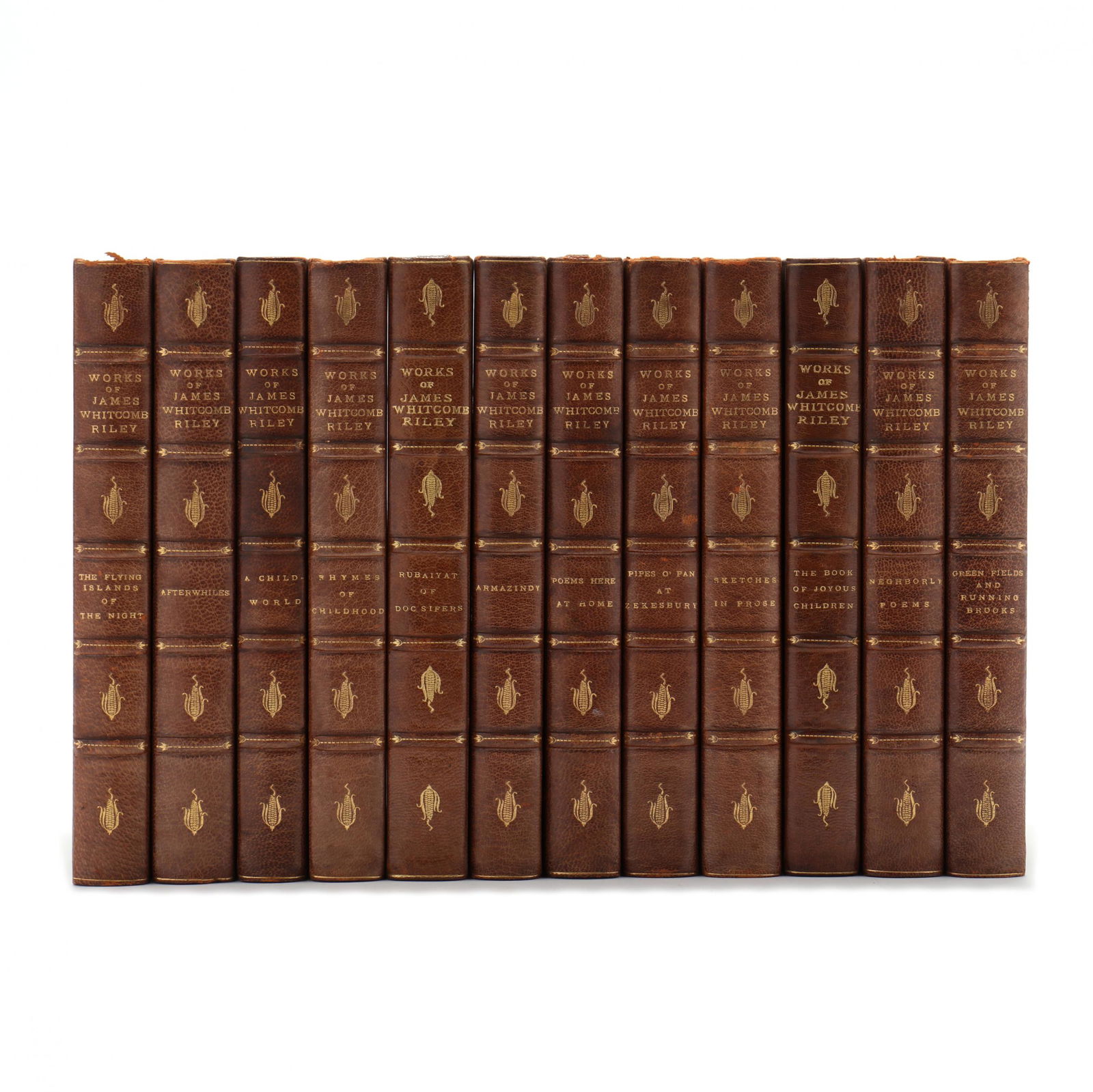 Leather Bound Works of Indiana Poet James Whitcomb Riley: Leather Bound Works of Indiana Poet James Whitcomb Riley(New York: Charles Scribner's Sons, 1900), 12 volumes, small octavo (8 in.), three-quarter leather over printed boards with matching endpapers,