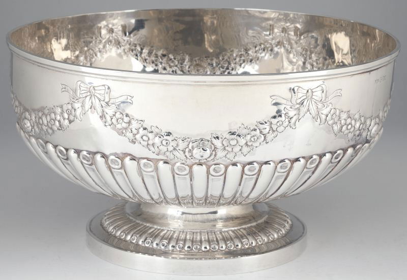 Mappin & Webb Sterling Silver Punch Bowl: Mappin & Webb Sterling Silver Punch Bowl Sheffield (1900) hallmarks, lobed lower body with hand-chased bows and floral swags, raised on a conforming foot, retailed in London. 6 5/8 x 12 1/8 in. 39.87