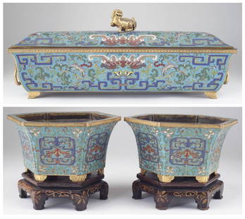 Three Piece Cloisonne Scholar Set: Three Piece Cloisonne Scholar Set 19th century, colorfully enameled with scrolling vines and blossoms on a turquoise ground, including a long rectangular lidded box with interior wells for ink and sea