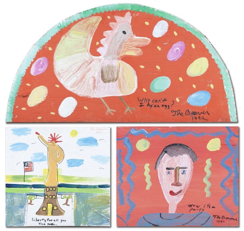 Folk Art, Three Works by "The Beaver": Folk Art, Three Works by "The Beaver" Robyn Beverland ,( Am., 1957-1998), house paint on plywood, "Wow its a party" signed lower right by the artist and dated 1992 (14.75 x 18 in.); "Why can't I lay a