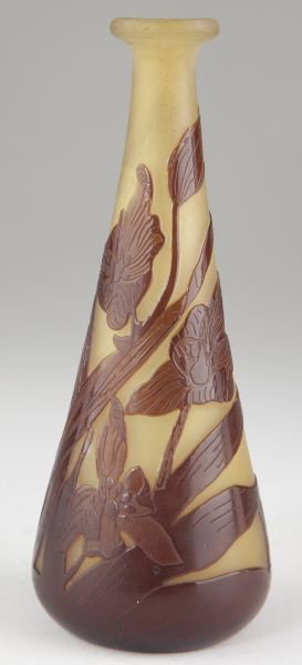 Signed Galle Cameo Glass Bud Vase: Signed Galle Cameo Glass Bud Vase circa 1900, aubergine iris laid on amber, the body with an upwards taper to a waisted neck, signed in cameo above the base. 5.25 in. Private Collection, Morrisville, 