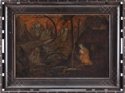 after Roelandt Savery (1576-1639), Religious Scene: after Roelandt Savery (1576-1639), Religious Scene oil on canvas (lined), bears signature at lower left "Roeland Savery FE 1605," a bosky landscape with two kneeling figures, housed in a hand-crafted