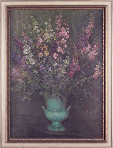 Leon Moran (PA / NJ, 1864-1941), Floral Still Life: Leon Moran (PA / NJ, 1864-1941), Floral Still Life oil on canvas, signed at lower right "Leon Moran," still life featuring an aqua colored American art pottery vase brimming with delphiniums and sweet
