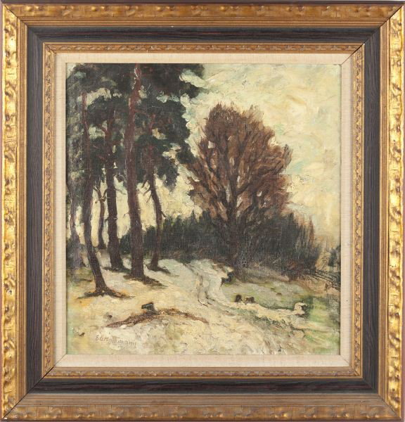 E. L. Hoffmann (Am., 20th c.), Winter Landscape: E. L. Hoffmann (Am., 20th c.), Winter Landscape oil on canvas (lined), signed and dated at lower left "E. L. Hoffmann '19," presented in a later frame. SS 18.5 x 17.5 in.; DOA 27 x 25.5 in. Private Co