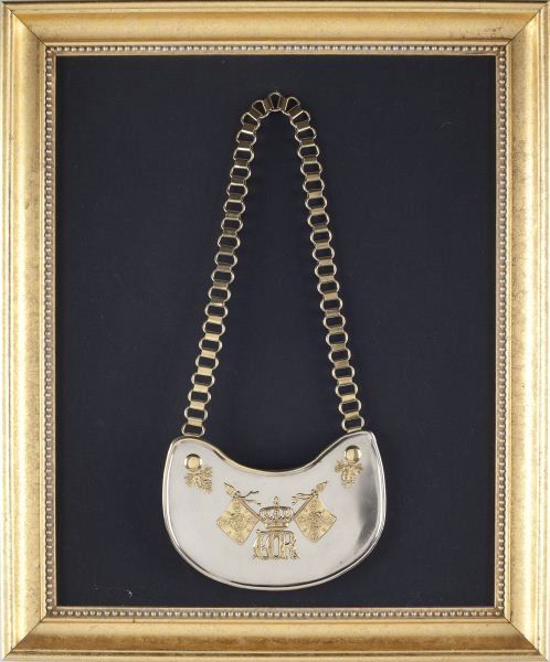 Imperial German Officer's Gorget: Imperial German Officer's Gorget late 19th - early 20th century, steel plate with stamped brass appliques, the central device being crossed regimental flags behind the Kaiser's monogram. Complete with