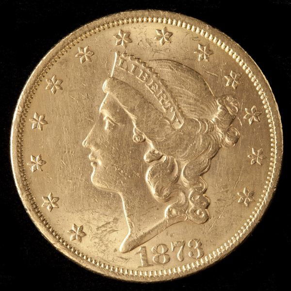 1873 Liberty Double Eagle $20 Gold Coin: 1873 Liberty Double Eagle $20 Gold Coin 33.50g, wear to high points, extremely fine.