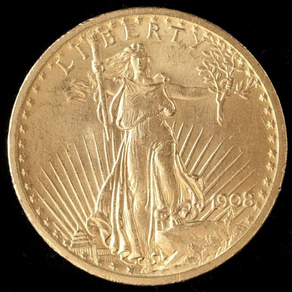 1908 St. Gaudens Double Eagle $20 Gold Coin: 1908 St. Gaudens Double Eagle $20 Gold Coin 33.50g, lustrous and uncirculated.