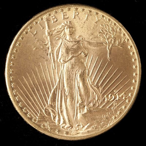 1914-D St. Gaudens Double Eagle $20 Gold Coin: 1914-D St. Gaudens Double Eagle $20 Gold Coin 33.48g, lustrous with minimal marks, extremely fine.