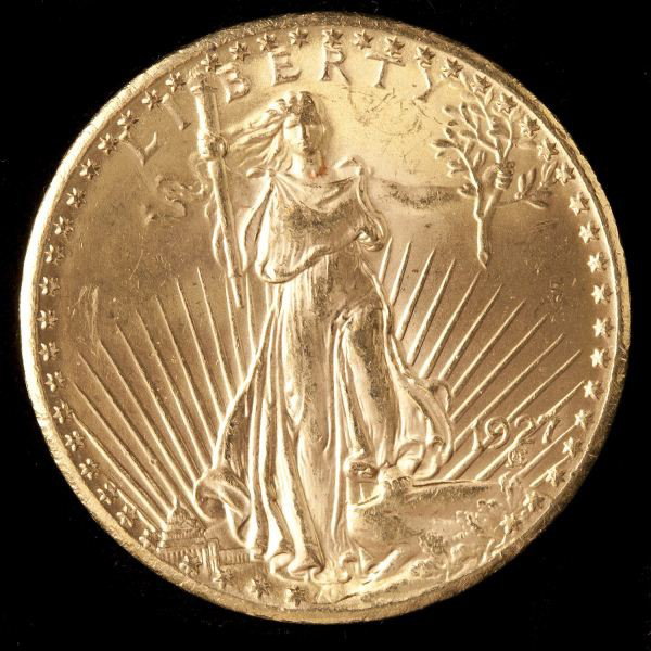 1927 St. Gaudens Double Eagle $20 Gold Coin: 1927 St. Gaudens Double Eagle $20 Gold Coin 33.49g, good strike with much luster and minimal contact marks, uncirculated.
