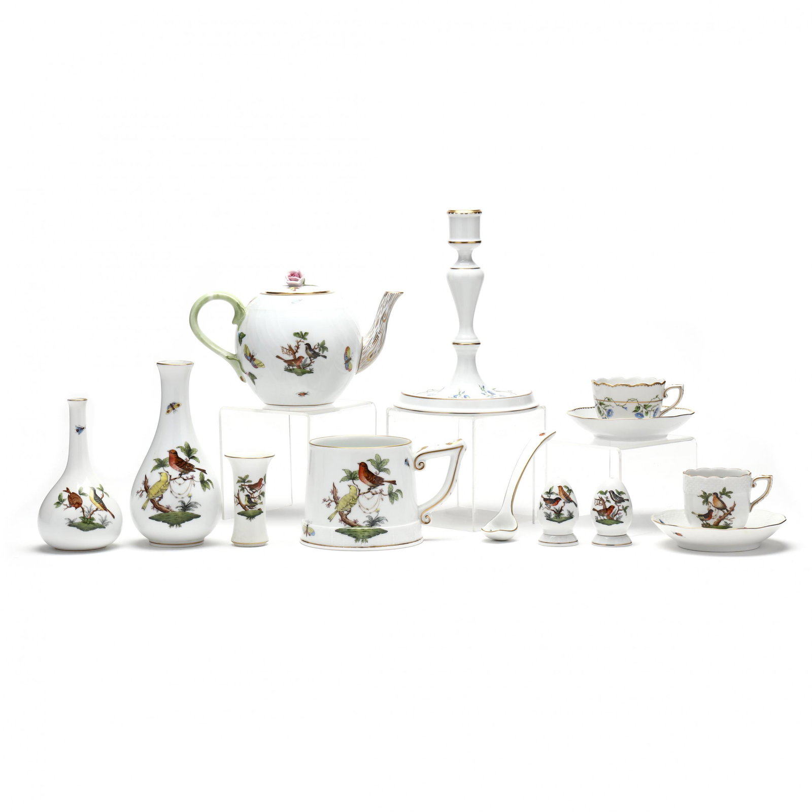 A Selection of Ten Herend Table Accessories: A Selection of Ten Herend Table Accessoriesmarked and inscribed with number to underside, Rothschild Bird design, includes: a covered teapot (1604), a shaker pair, three bud vases (tallest 6 1/2 in.),
